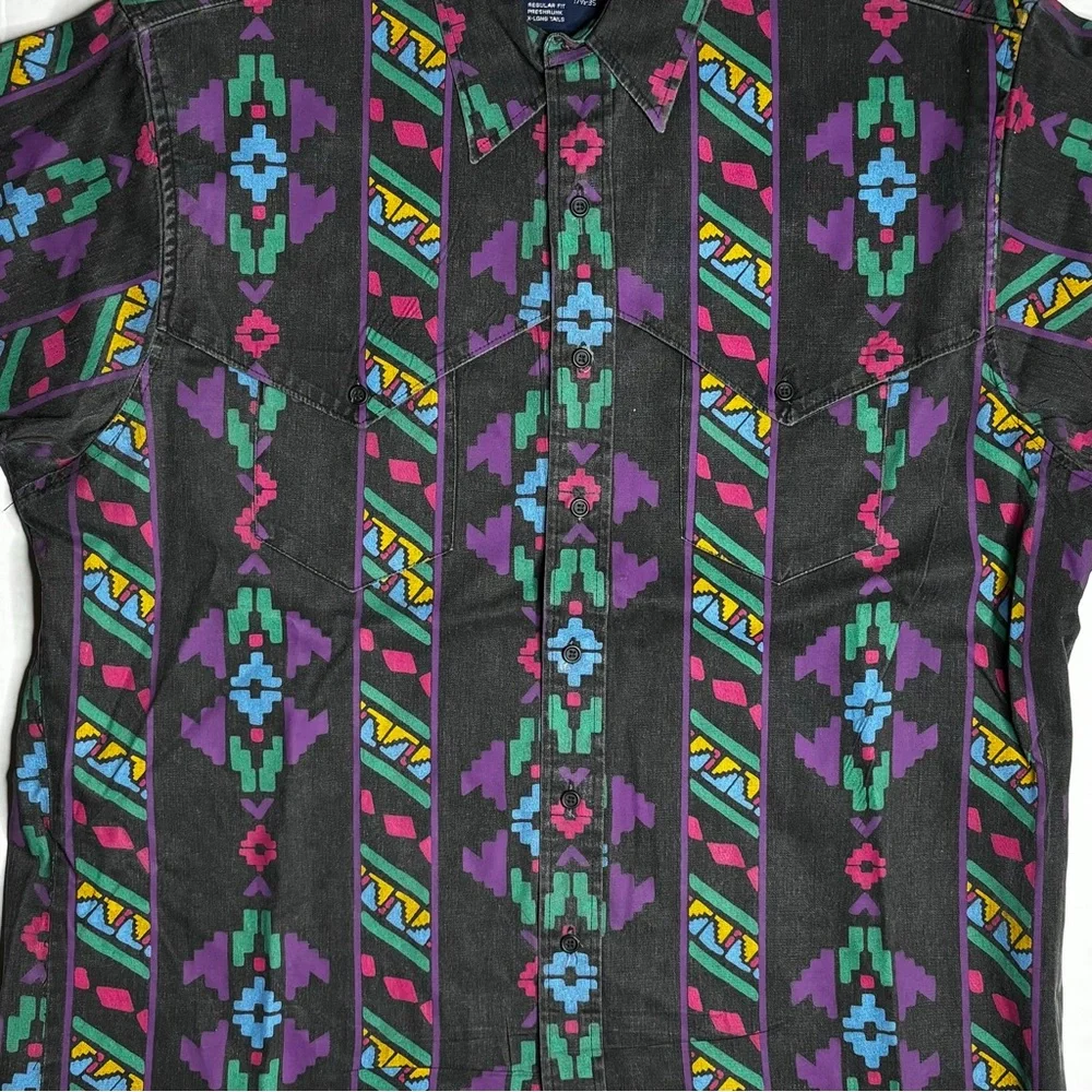 Vintage Wrangler Brushpopper Aztec Western Cowboy Shirt Size 17.5x35 Thick Black - Picture 4 of 7